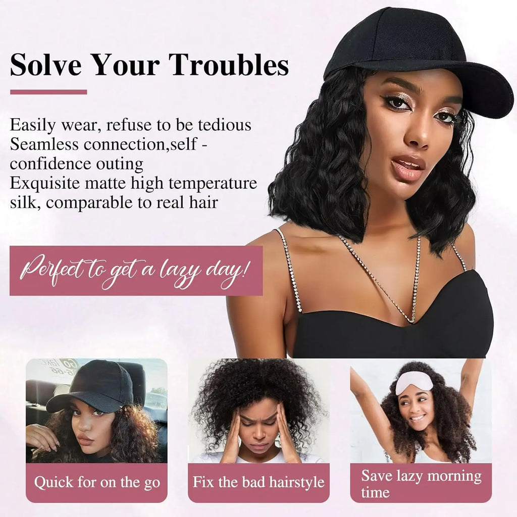 Hat Wig for Women Wig Cap with Curly Hair Extensions Hat with Hair Wave Adjustable Baseball Hat Synthetic Wigs