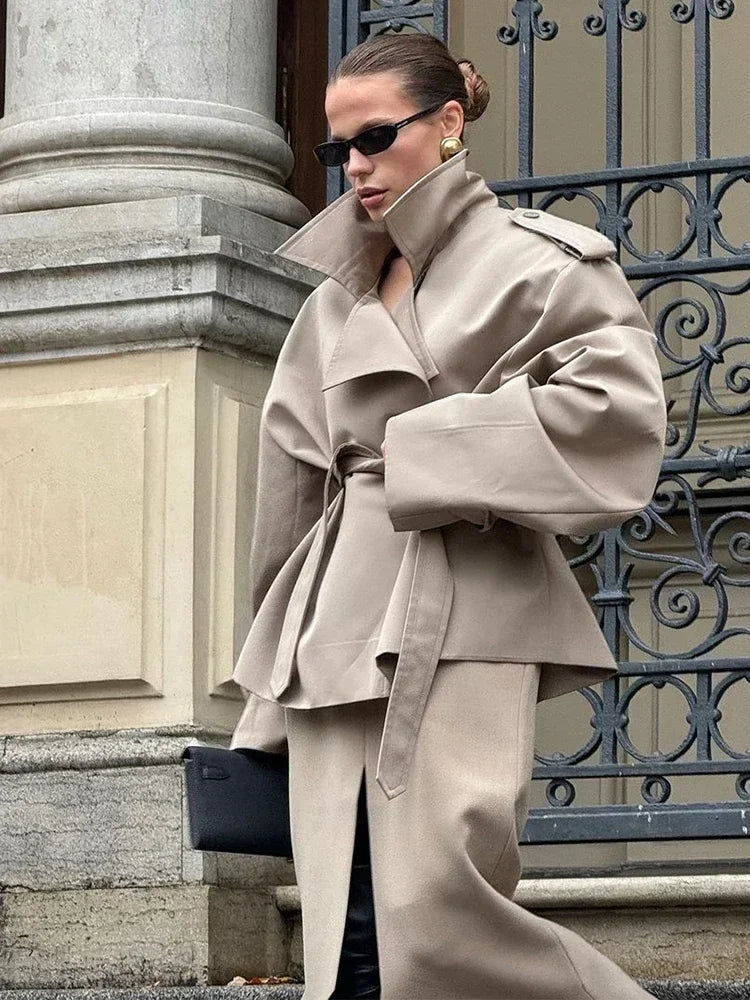 Fashion Lace up Cropped Trench Coat Women Lapel Long Sleeves Wide Shoulder Windbreaker Jacket Fall Commuting Daily Jackets 2026