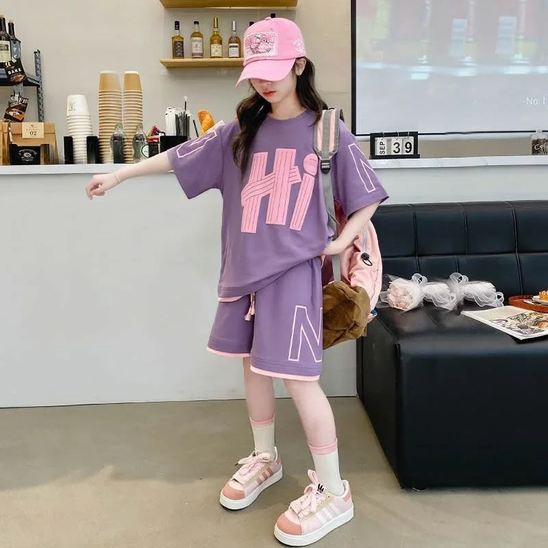 Girls T-Shirts Sets Clothes Kids Short Sleeve Tops+Shorts 2Pcs Children Clothes Suits Teen Loose Casual 2025 Outfits 5-14 Years