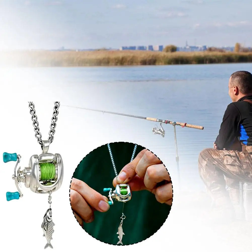 Mini Fishing Reel Jewelry Set Fashion Fishing Reel Necklace For Men Women Rotatable Funny Personalized Fishing Pendant Necklace