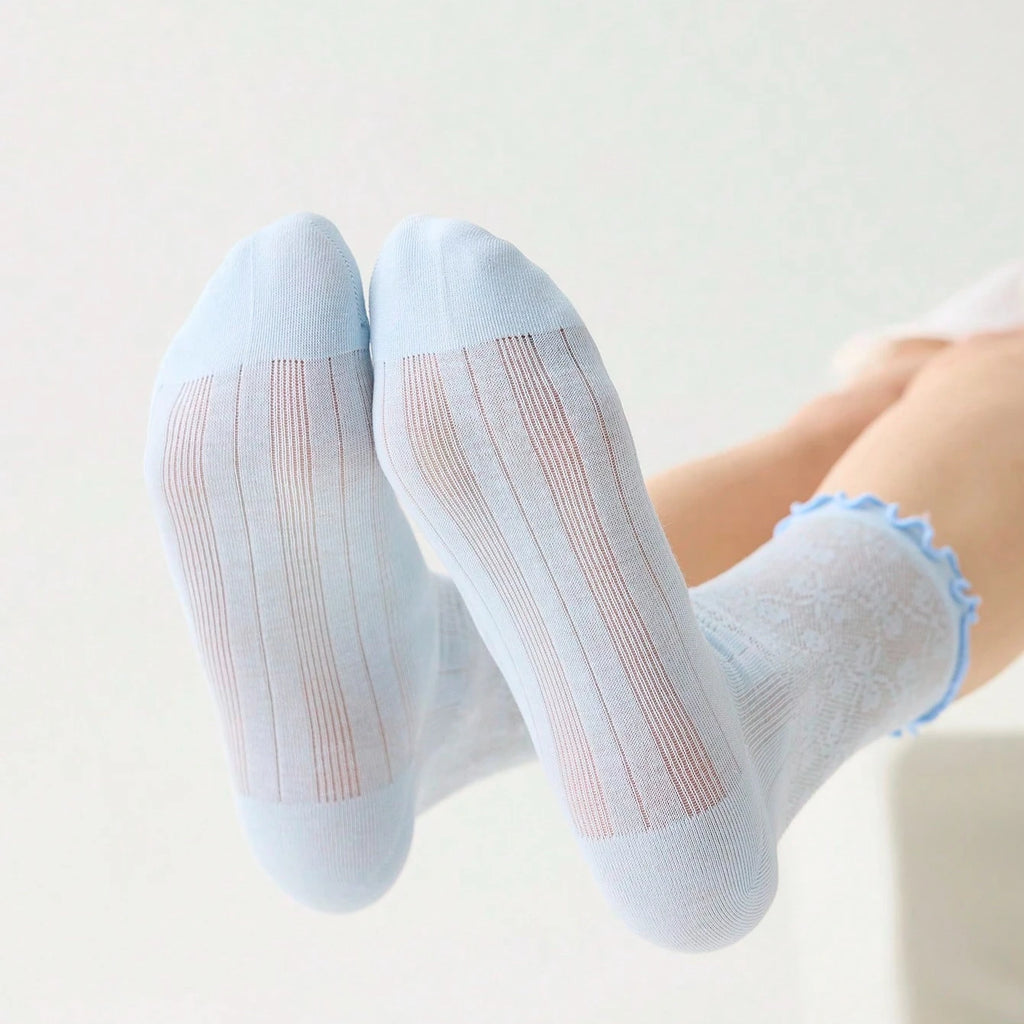 3 Pairs Women Socks Spring Summer Solid Color Thin Mesh Breathable Cute Lace Fashion Korean Style Long Socks for Women