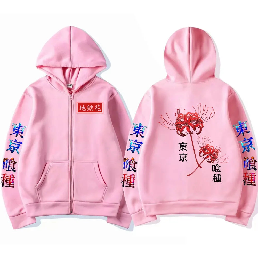 Anime Tokyo Ghoul Spider Lily Zipper Hoodie Kanekiken Manga Graphic Print Hooded Zip Up Sweatshirts Oversize Men's Jackets Coats