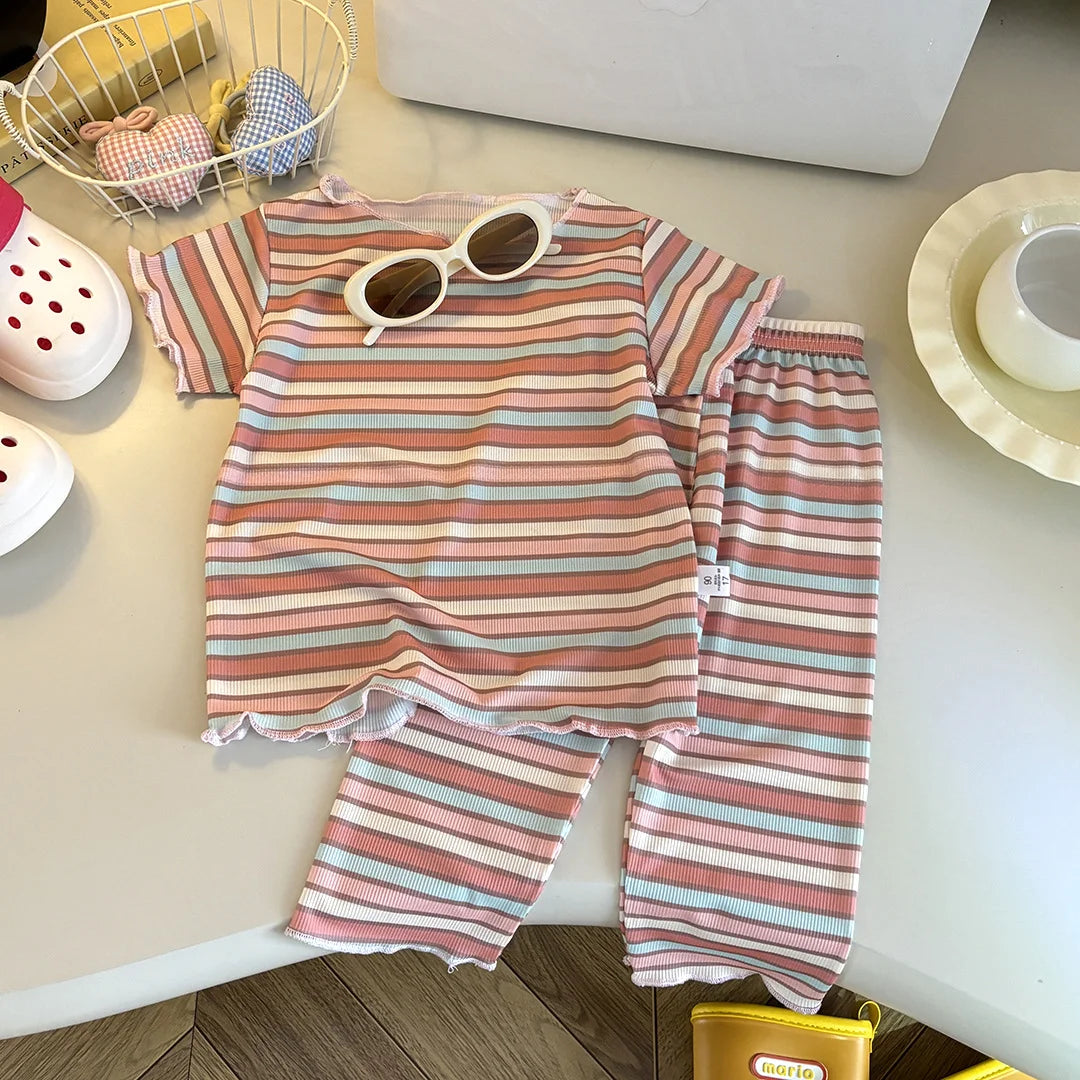 Kids Summer Striped Polka Dot Pajamas Set Baby Girls Short Sleeve Tops+Pants 2PCS  Soft Breathable Loungewear Clothes Set