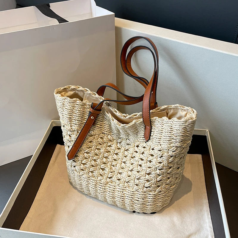 Designer Casual Rattan Wicker Tote Bag Large Capacity Woven Women's Summer Beach Straw Handbag Lady Travel Big Basket