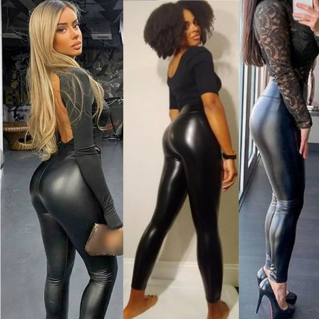 Women's Pleather Leggings Sexy High Waist Lace Up Pu Leather Leggings Pants Butt Lifting  Black Stretchy