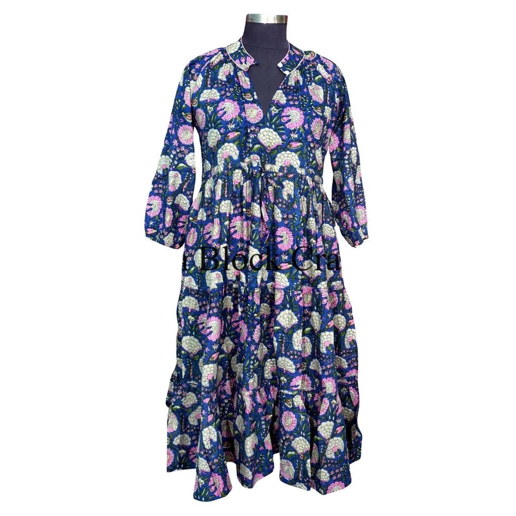 Floral Digital Printing Puff Sleeve Fit Flare Straight Tea-Length Vintage Bridesmaids Women Wear Cotton Washable Dress