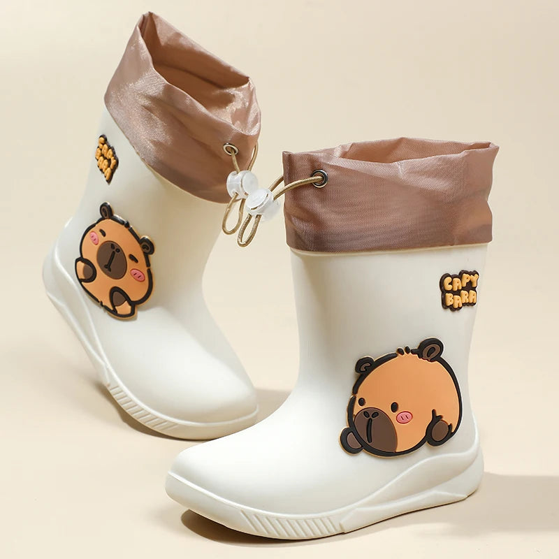 One Pairs of toddler Mid-Calf Rain Boots For Boy and Girl Comfortable Soft Sole Capybara Rubber Water Shoes Elastic Band