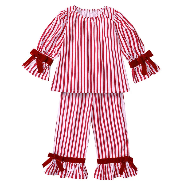 Children Striped Christmas Pajamas Clothes Set Toddler Boy Girl Tops + Pants 2pcs Pants Suit Kids Homewear Cotton Outfits