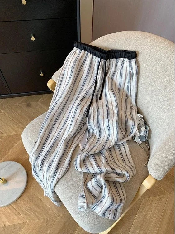 Casual Cotton Linen Wide Leg Pants Elastic Waist Striped Loose Lazy Sle Summer New Loose Straight Large Size Leisure Trousers