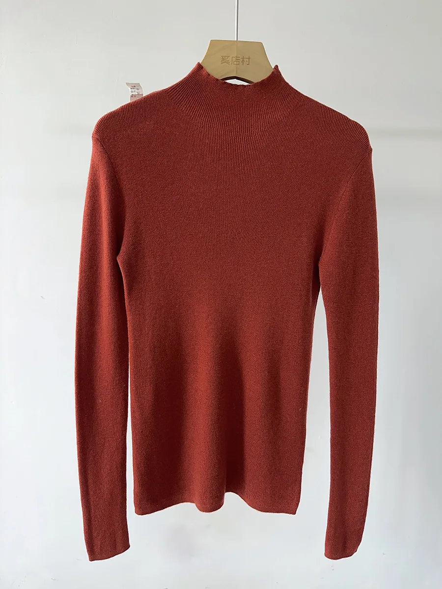 BirdTree, 100% Wool Slim Thin Sweater, Women Long Sleeve Mock Neck, Seamless Bottom High Elastic Top, 2025 Winter Fall T46985QM