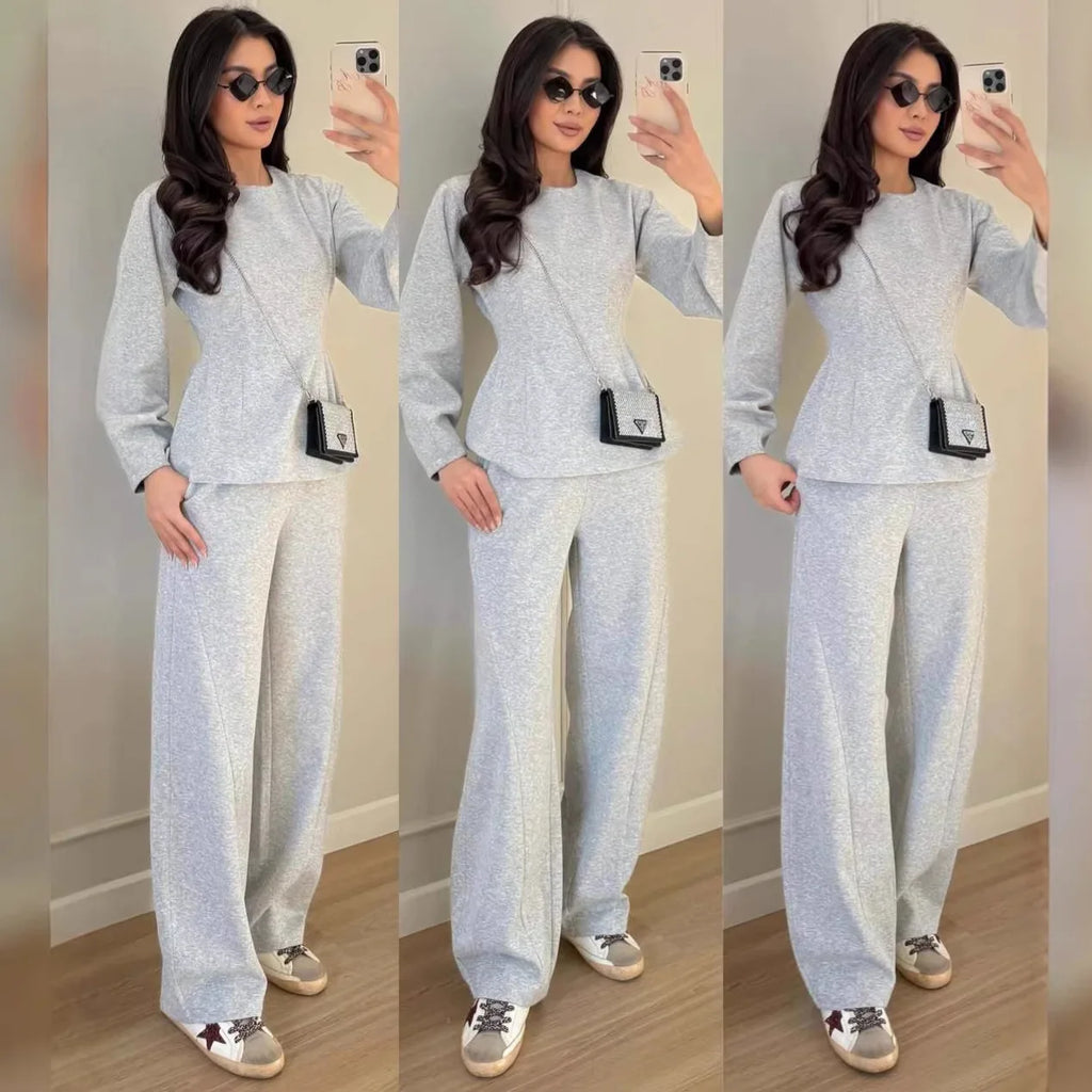 Women Sports Suit Top Wide Leg Pants 2 Piece Sets Round Collar Sweatshirt Trousers Tracksuit Sportswear Outfits Spring 2026