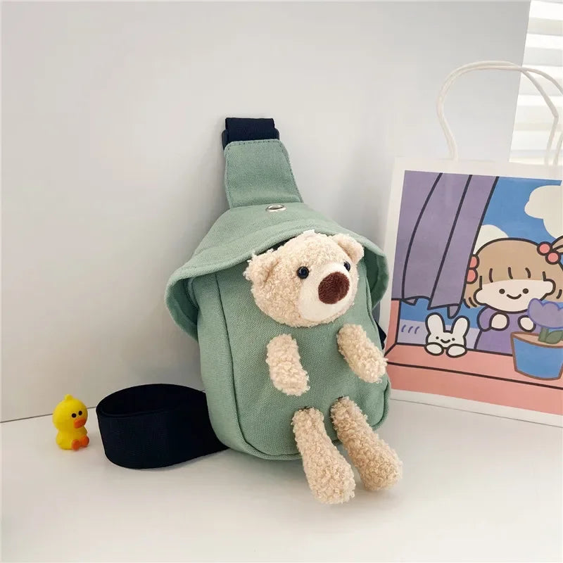Children's Bags Winter New Messenger Bag Cute Bear Chest Bag Korean Version Trend Boys and Girls Mini Canvas Bag messenger bag