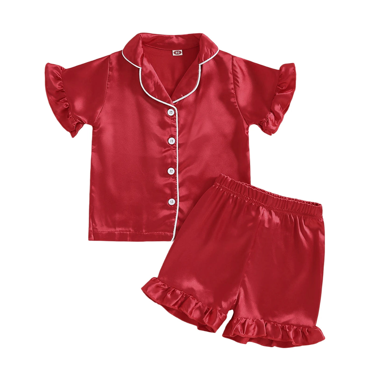 Toddler Girls Pajamas Sets Fashionable Ruffled Lapel V Neck Short Sleeve Tops with Solid Color Shorts 2Pcs Sleepwear