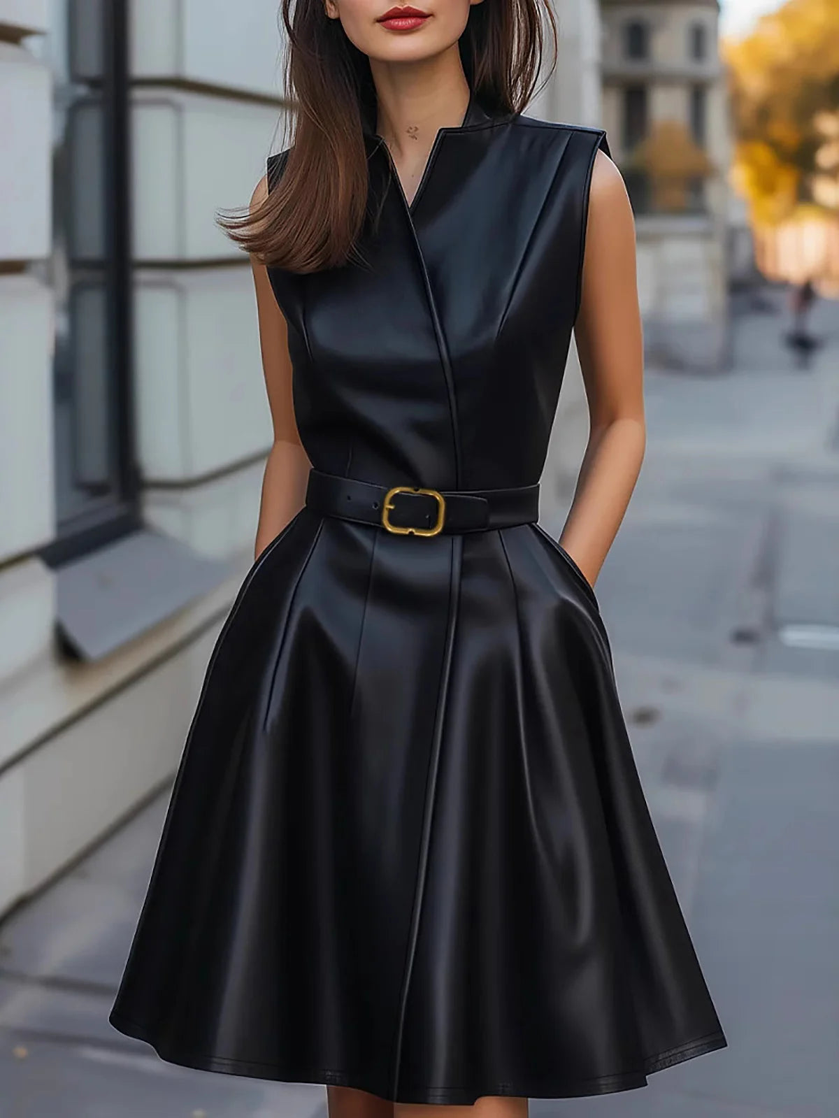 Women Pu Leather Midi Dress Elegant Solid V-Neck Sleeveless High Waist With Belt High Street Dress Chic Business Office Dresses