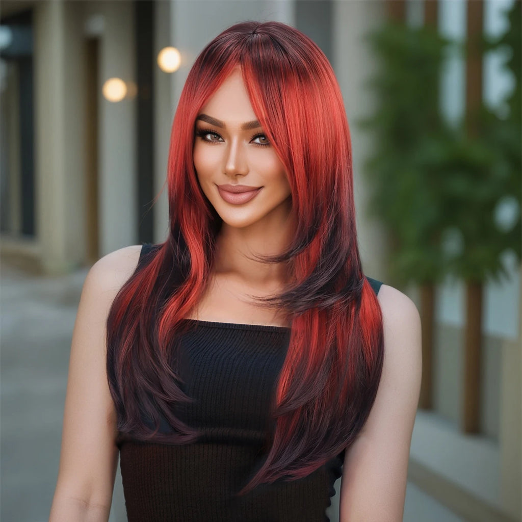 Wig for Women, Full Headpiece, Halloween Style, Middle Parting Bangs, Straight Hair Synthetic Fiber Wig