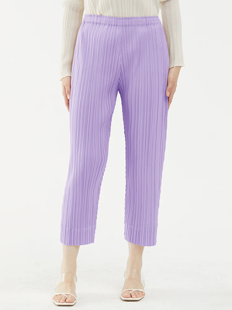 Miyake Pleated Simple Casual Ankle-Length Pants Spring Summer Autumn Pencil Pants Korean Fashion Women Basics Trousers In Stock