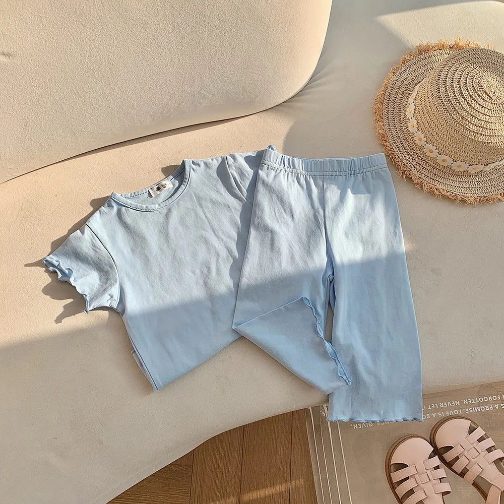 Children's Odell Suit Girls' Candy Color Short-sleeved Air-conditioned Clothes Baby Pants Pajamas Home Clothes