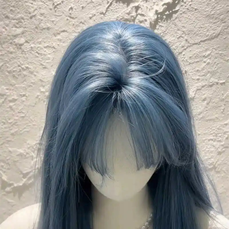 Long Straight Blue Grey Wig For Women Air Bangs Synthetic Hair Wig Natural Cool Tone Full Head Wig Daily Cosplay