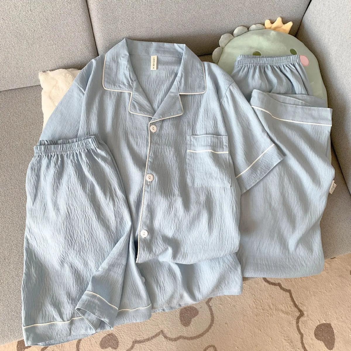 Men's Summer Short-Sleeve Pajamas: Simple, Solid-Color, High-Quality, Outerwear-Style 3-Piece Set; Youth Spring/Summer Pajamas