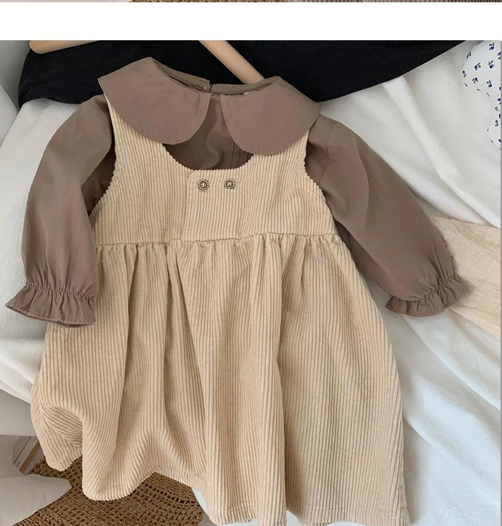 Baby Girls Sleeveless Dress Spring and Autumn New Baby Corduroy Dress Children's Lapel Loose Dress+T-shirt Set Kids Clothing Set