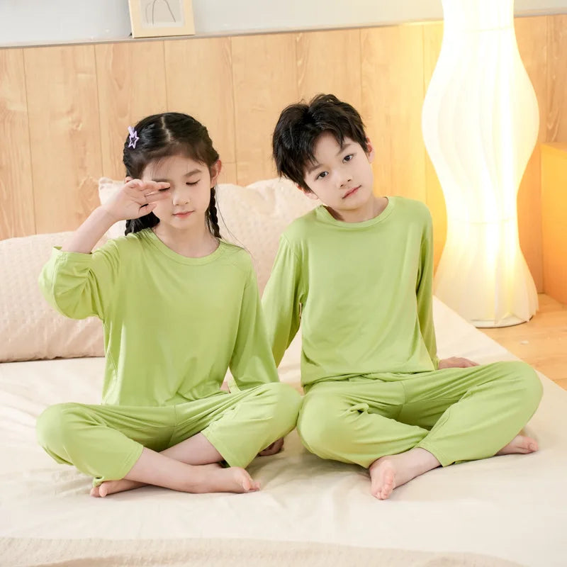 Pajamas Set for Kids Spring Summer Thin Long Sleeve Casual O-neck Children Sleepwear Two Pieces Modal Cotton Boys Girls Homewear