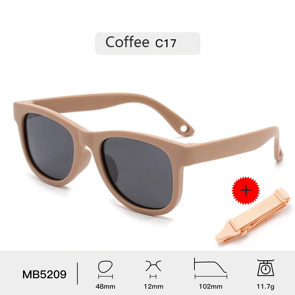 Children's Sunglasses for Boys Girls Bendable Flexible Polarized Sunglasses with Strap Square Silicone Frame Sunshade Glasses