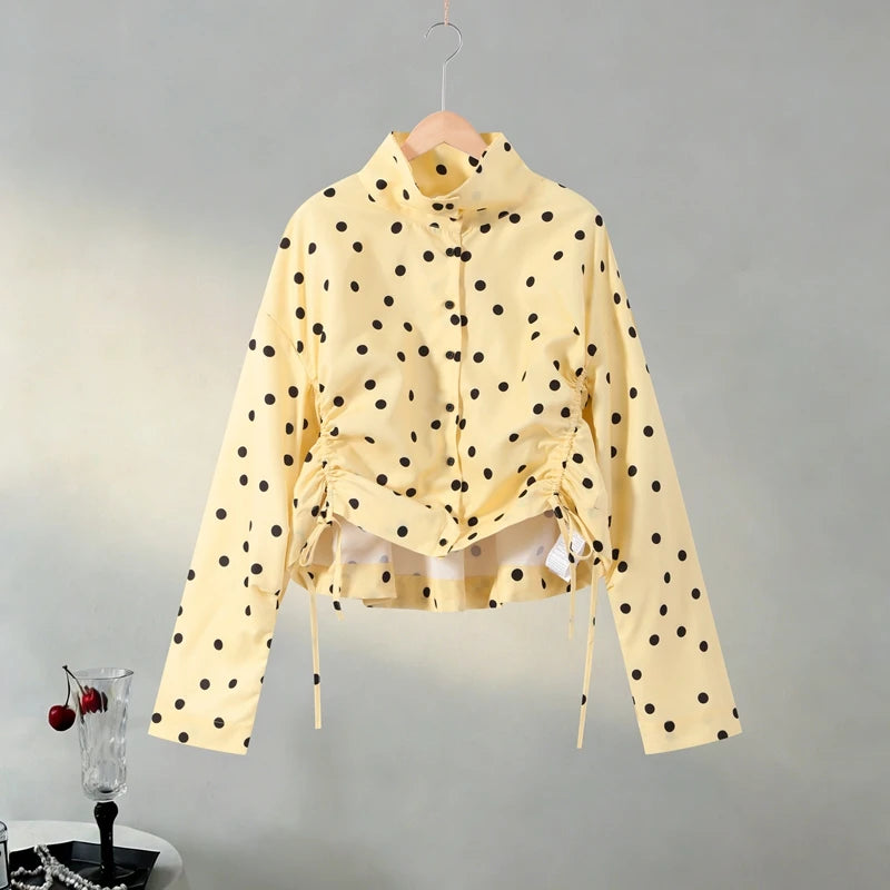 Polka Dot Pleated Coats Shorts 2 Pieces Set Women's Full Sleeves Draw-string Top Straight Short 2026 New Ladies Autumn Outwear