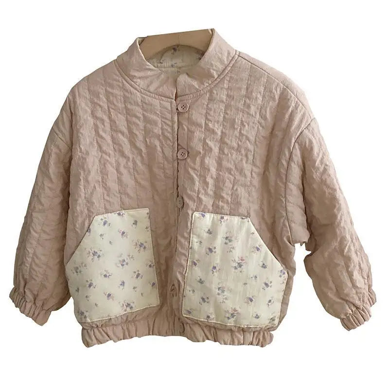 Children's Clothing Double-sided Jacket Autumn and Winter New Baby Pink and White Spliced Stand Up Collar Cotton Jacket Set