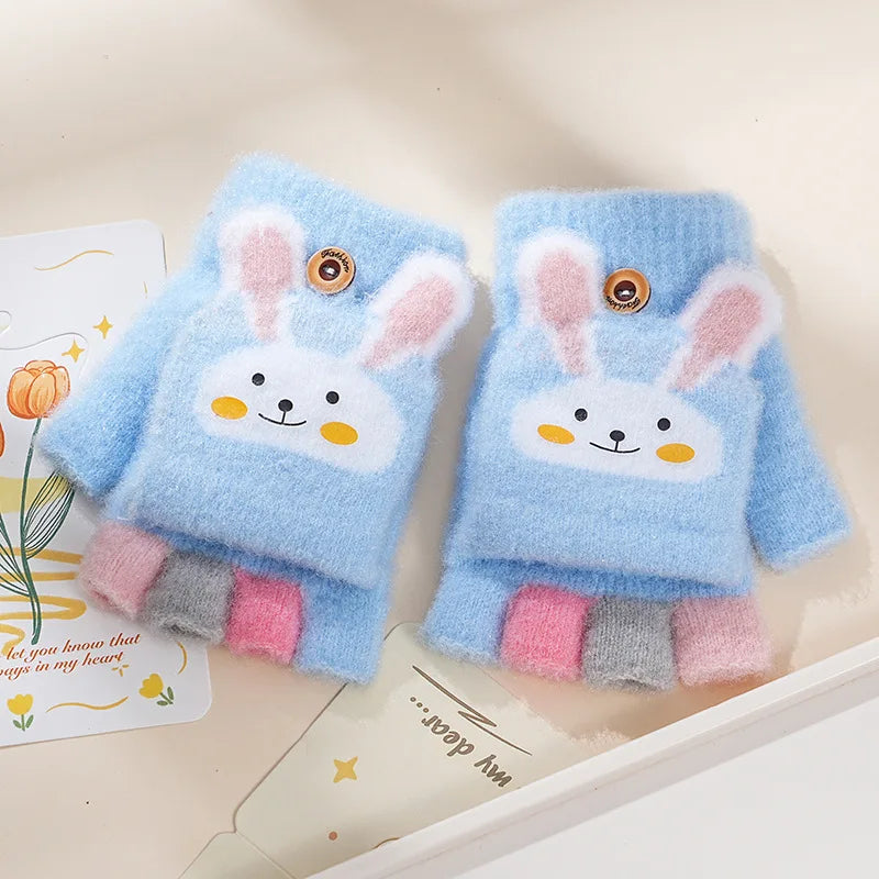 Children's Warm Gloves for Boys and Girls Cartoon Cute Half Finger Knitted Winter Flip Cover Baby Thick Cold Proof Five Fingers