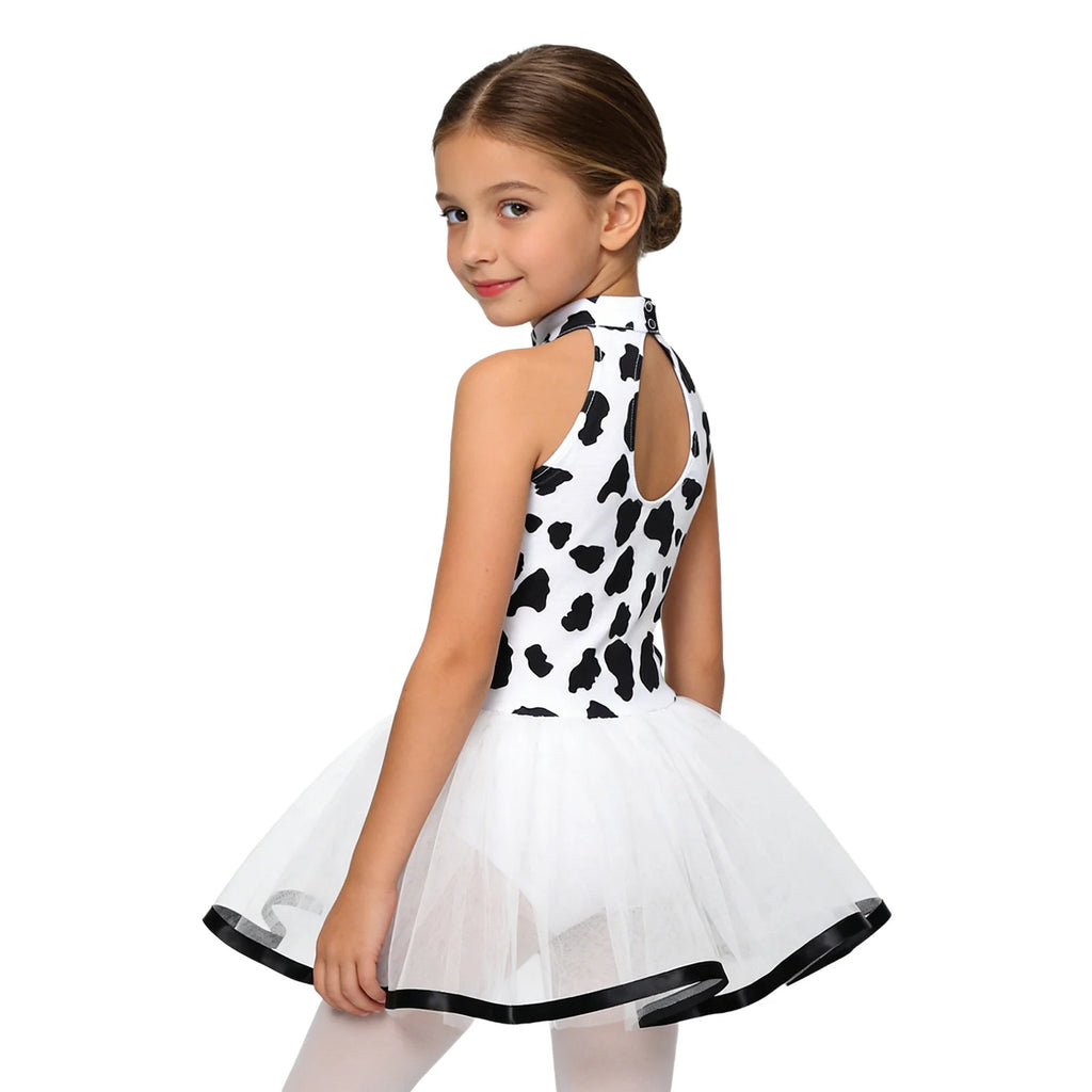 Dalmatian Costume for Kids Girls Sleeveless Sequin Bowknot Mesh Puffy Dress Halloween Black Spotted Ballet Leotard Dress Cosplay