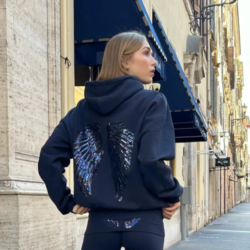 Sequins Angel's Wings Hoodies Women Y2k Chic Loose Long Sleeve Pullovers Top Slim Yoga Pant Set 2026 Casual Lady Sweatshirt Set