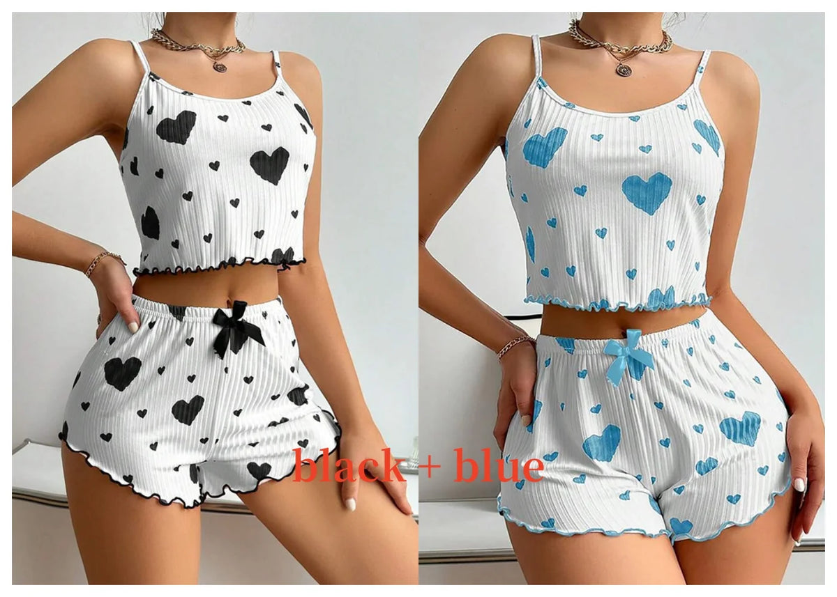 Teen girl Pajamas Set Sleepwear 2 PCS Short Tank Tops And Shorts S M L White Ventilate Soft Casual Love Printing