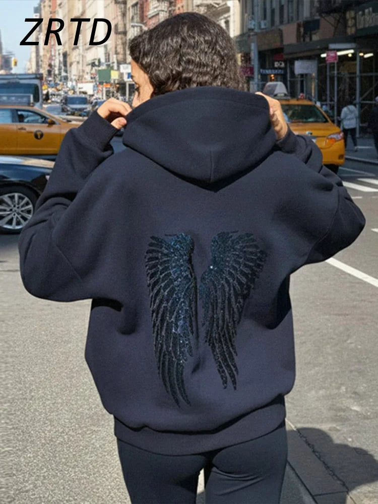 Y2k Wing Sequined Hoodies Pants Sets Women Hooded Long Sleeve Sweatshirt Straight Pant 2025 Autumn Winter Lady Street Outfits