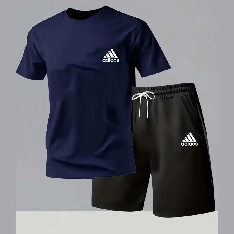 New summer fitness sportswear for men, short-sleeved T-shirt and shorts two-piece set, breathable and quick-drying casual wear.