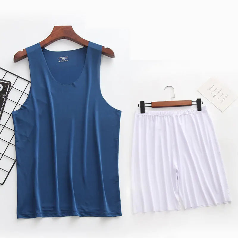 Mens Ice Silk T-Shirt & Short Pants 2Pcs Pijamas Sleep Set Ultra-thin Homewear Clothing Summer Pyjamas Sleepwear Nightwear Suit
