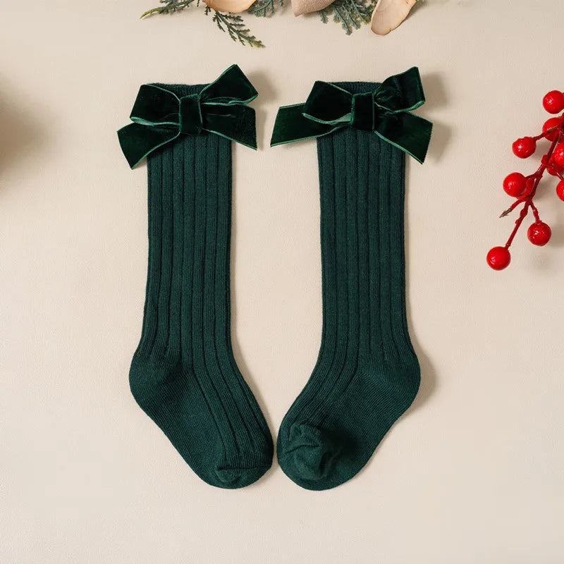 Kids Christmas Girls Socks Autumn Winter Toddlers Red Bowknot Baby Knee High Long Sock Soft Cotton Children Socken For 0-5 Years