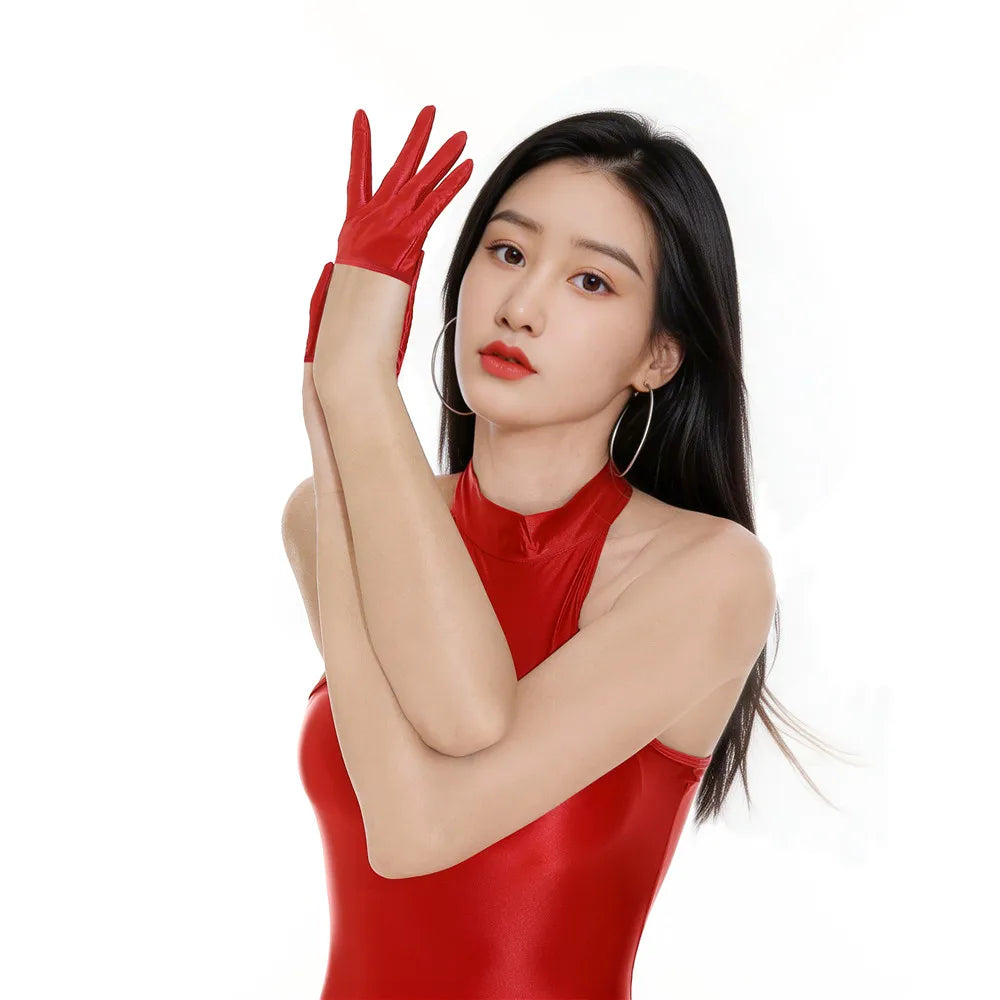 Sexy Women Stain Smooth Half Gloves Oil Glossy Shiny Elastic Glove Cosplay Maid Dance Gloves Stage Wear Plus Size