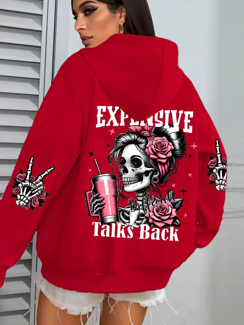 Expensive Talks Back Funny Printing Womens Plus Size Hoodie Multicolor Pullovers Fleece Autumn Sportswear Casual Pocket Hoody