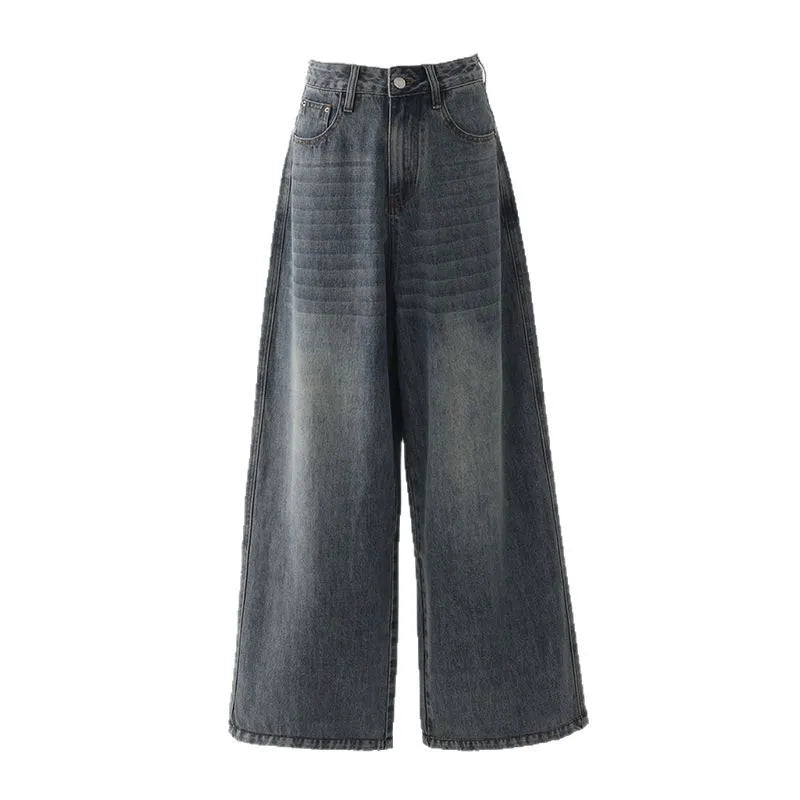 American Retro High Waist Wide Leg Draping Denim Jeans Women's Personality Straight Tube Long Pants 2025 New Style Casual Jeans