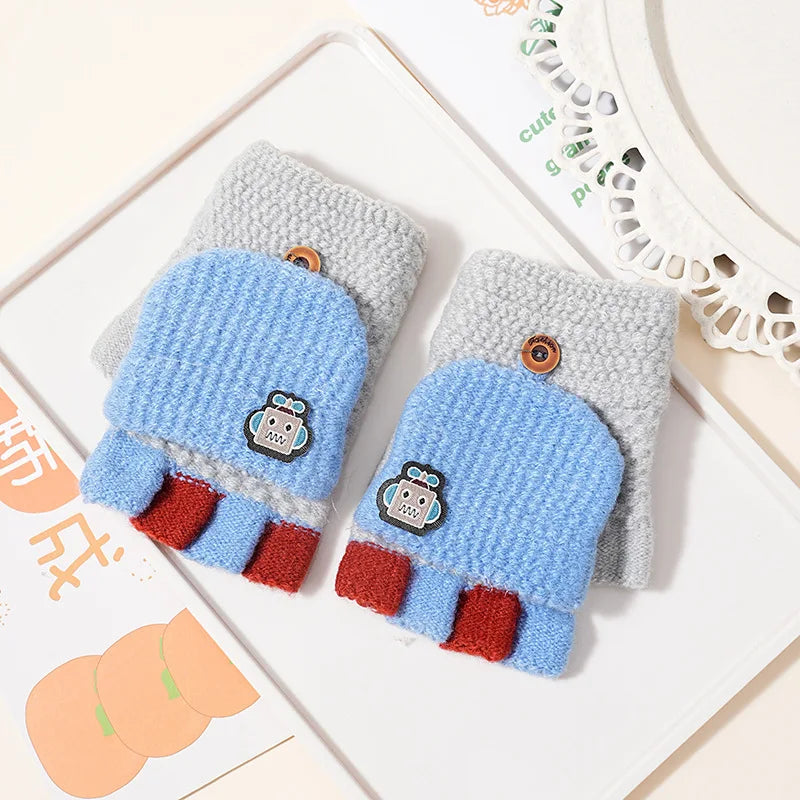 Children's Warm Gloves for Boys and Girls Cartoon Cute Half Finger Knitted Winter Flip Cover Baby Thick Cold Proof Five Fingers