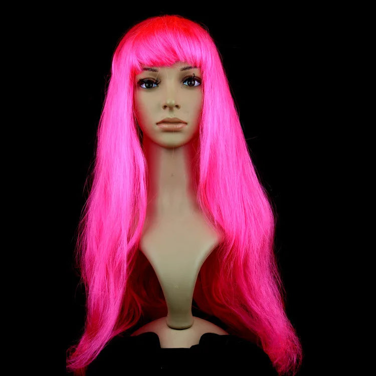 Lady Women Carnival Long Straight Hair Wig For Cosplay Girl Birthday Party Pink 60Cm Comic and Animation Hair With Oblique Bang