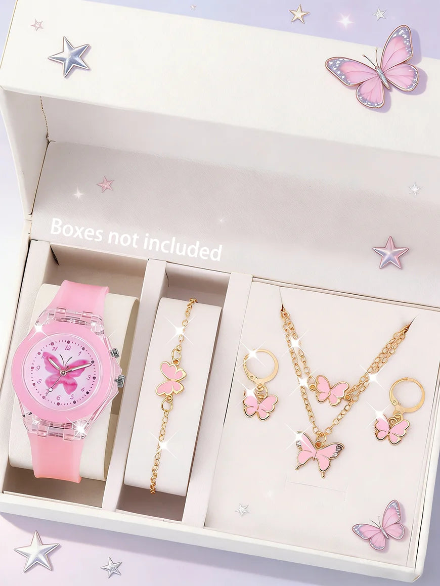 Children's Butterfly Watch And Jewelry Set Birthday Gift Unisex Cute Butterfly Theme Accessory Kit for Kids (No Box Included)
