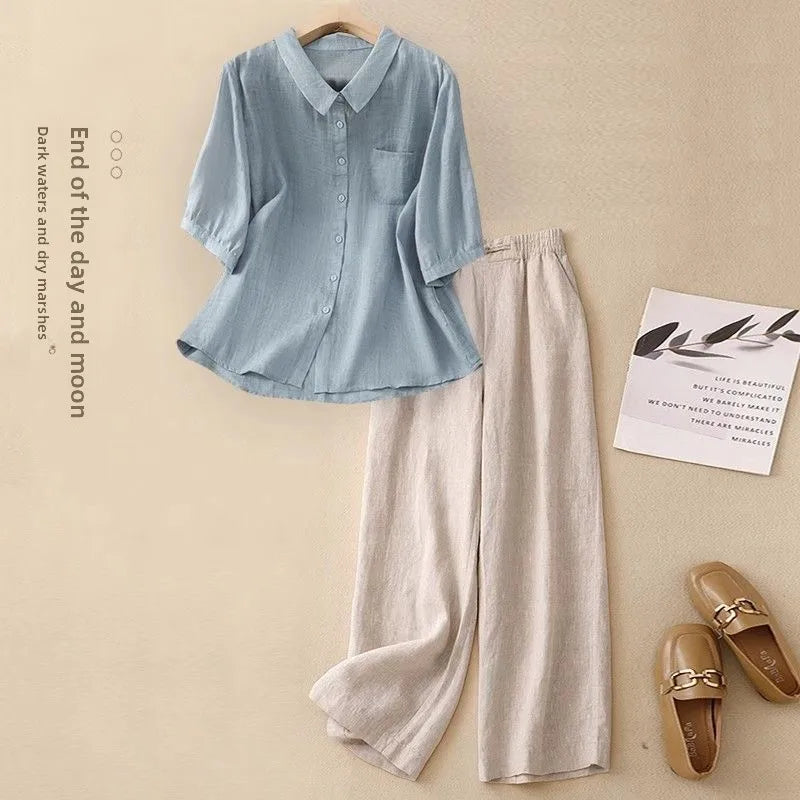 Large Size Summer Cotton Linen Set for Mom Casual Faionable Belly Covering Two Piece Suit ort Sve  Collar Button up