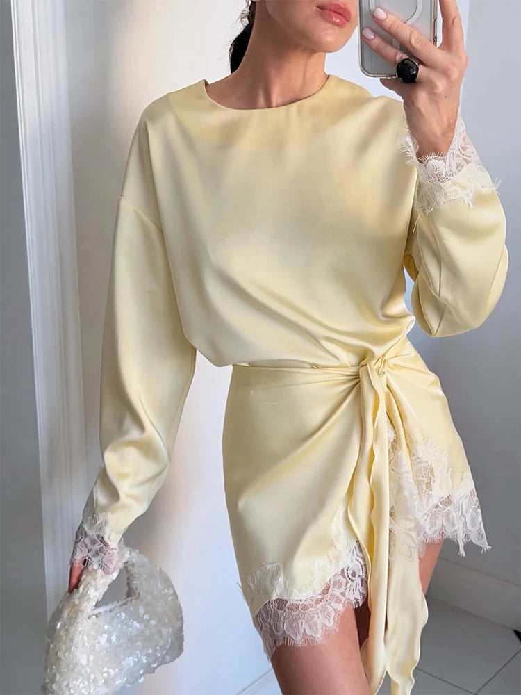 Lace Patchwork Women Mini Dress Long Sleeve Women O Neck Casual 2026 Straight Spring Female Dresses Casual Solid Beach Robes