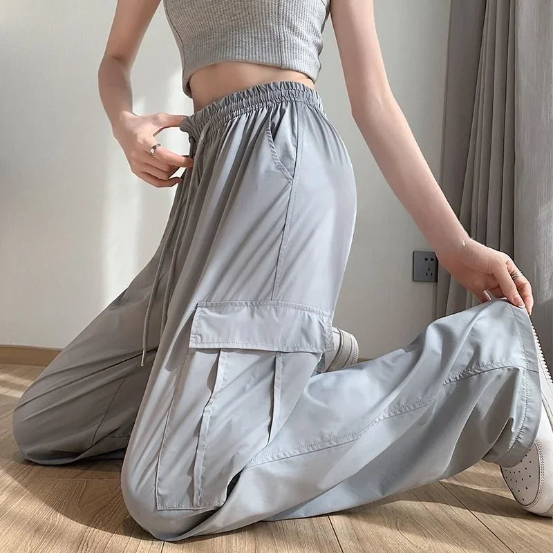Summer Cargo Pants for Women Wide Leg High Waist Drawstring Woman Trousers Ice Silk Casual G Autumn Clothing Chic and Elegant