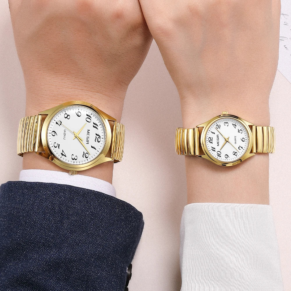 MEGIR Top Luxury Couple Watch for Men Women Golden Stainless Steel Quartz Wrist Watches Lovers Analog Wristwatch Waterproof