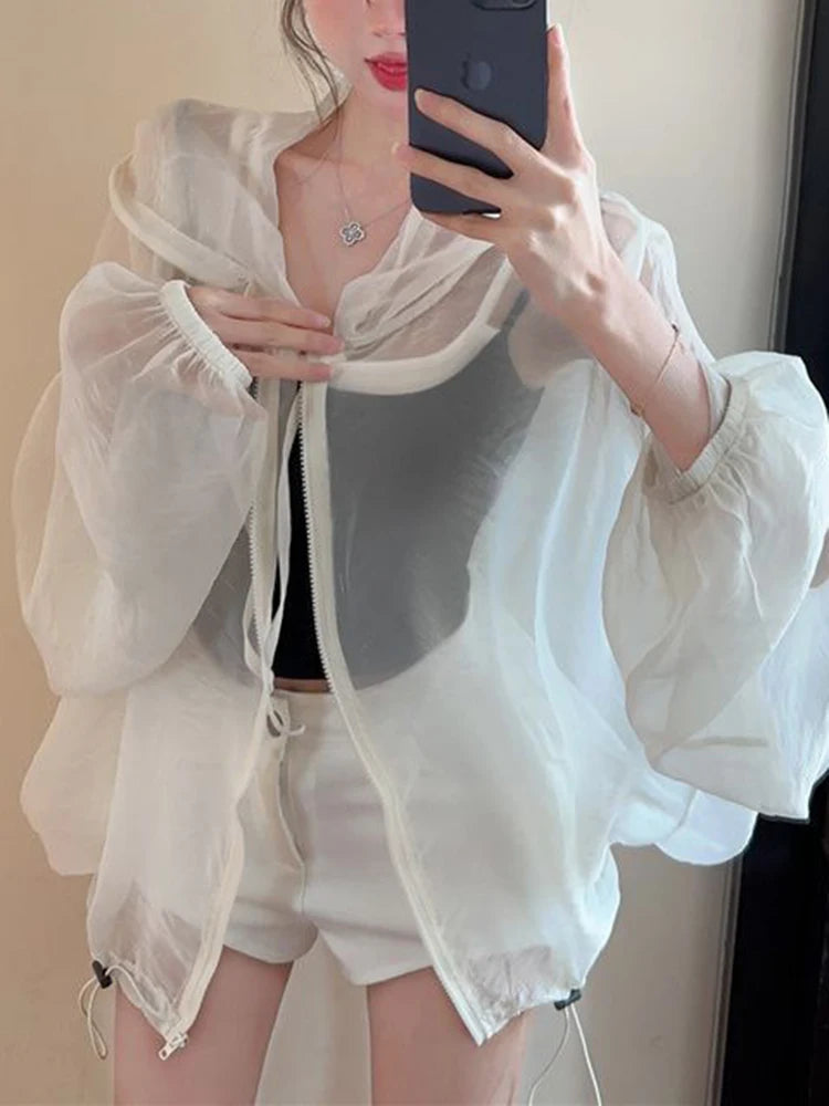 Aoaiiys Thin Coat Women Fashion Casual Sun Protection Jacket Tops See Through Hooded Coats Summer 2026 New Loose Female Tops