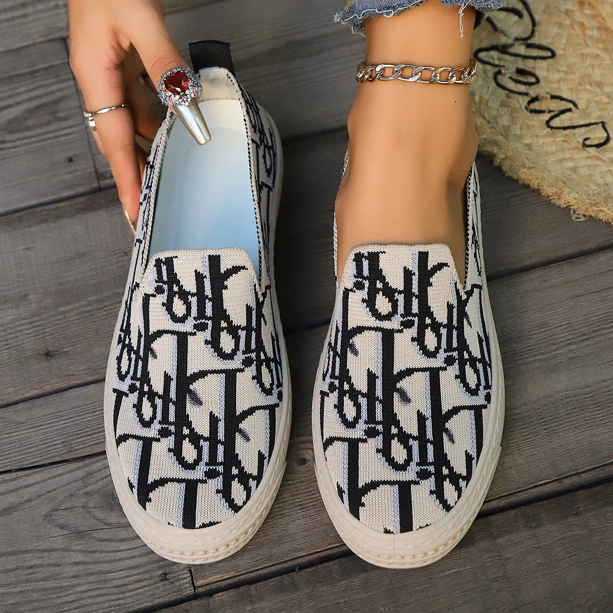 Graffiti Loafers Women's 2025 Spring  Knitted Deep Mouth Fashion Easiest for Match Casual Plaid Breathable Sneakers  Shoes