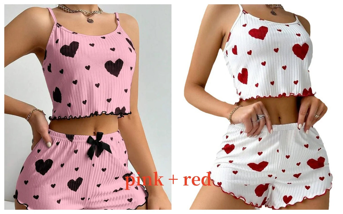 Teen girl Pajamas Set Sleepwear 2 PCS Short Tank Tops And Shorts S M L White Ventilate Soft Casual Love Printing