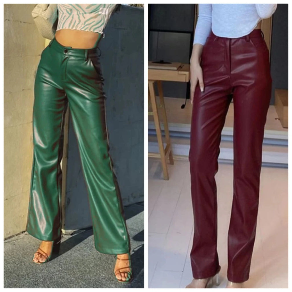 Women PU Leather Pants Solid Color High Waist Straight Trousers High Street Casual Pant